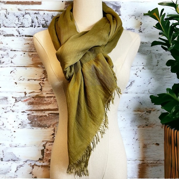 Eileen Fisher Accessories - Eileen Fisher Italian Made Olive Khaki Tassel Cotton Blend Oversized Scarf